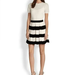 Red Valentino Striped Pleated Knit Crochet Mini Dress White Black Womens Small