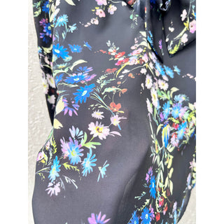 $248 Parker Long Sleeve Floral Print V-Neck Tie Top Blouse Black Women's Large