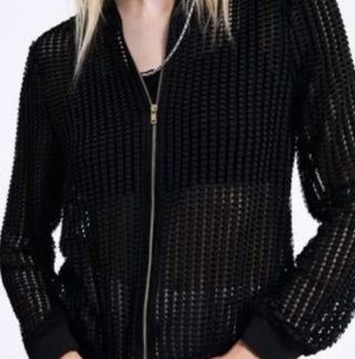 Zara Textured Mesh Open Knit Full Zip Bomber Jacket Black Women's Size Medium