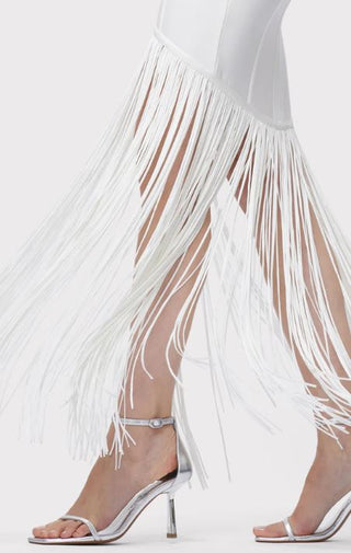 NWT Herve Leger Draped Waist Halter Fringe Gown Alabaster Women's Size Medium