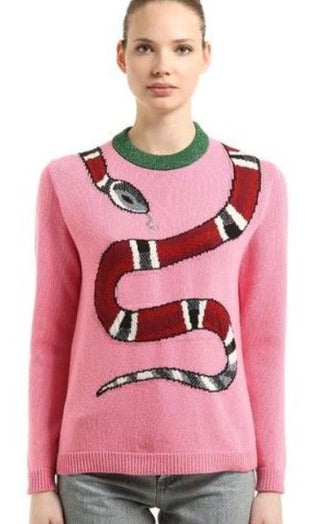 Gucci Knit Kingsnake Crew Neck Pullover Sweater Metallic Blush Pink Women's XS