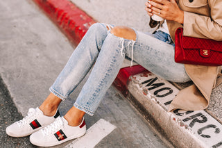 Gucci Ace Leather Striped Low Top Sneakers with Bee White Women's 37