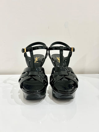 Yves Saint Laurent Tribute Patent Leather Ankle Strap Platform Sandals Black 37
