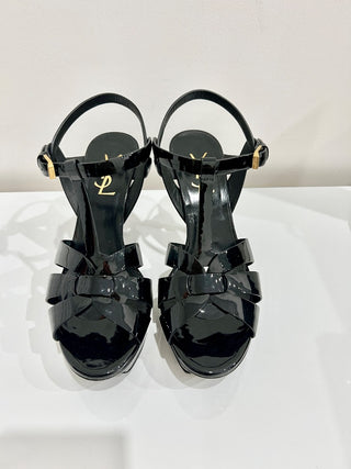 Yves Saint Laurent Tribute Patent Leather Ankle Strap Platform Sandals Black 37