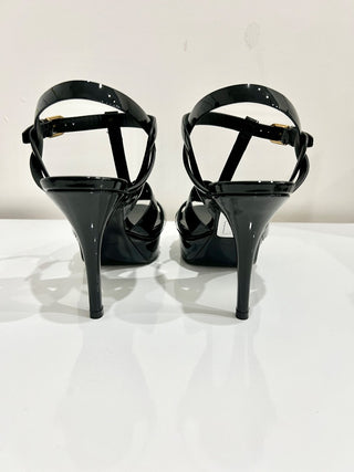 Yves Saint Laurent Tribute Patent Leather Ankle Strap Platform Sandals Black 37