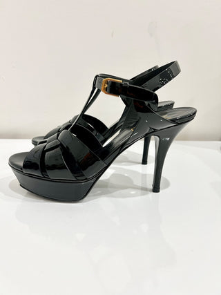 Yves Saint Laurent Tribute Patent Leather Ankle Strap Platform Sandals Black 37