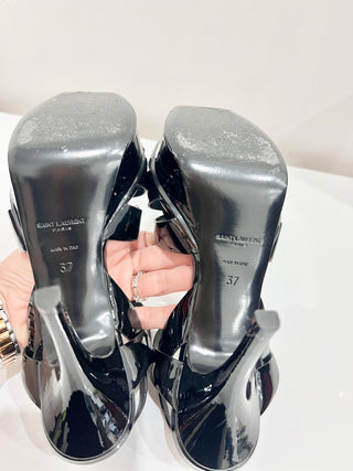 Yves Saint Laurent Tribute Patent Leather Ankle Strap Platform Sandals Black 37
