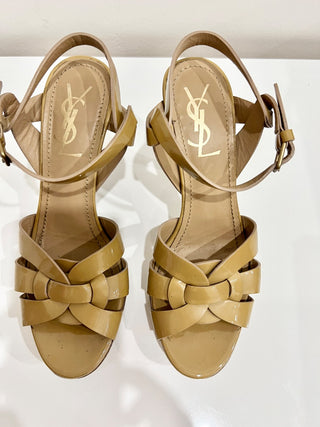 Yves Saint Laurent Tribute Patent Leather Ankle Strap Platform Sandals Nude 36.5