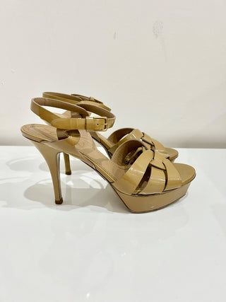 Yves Saint Laurent Tribute Patent Leather Ankle Strap Platform Sandals Nude 36.5