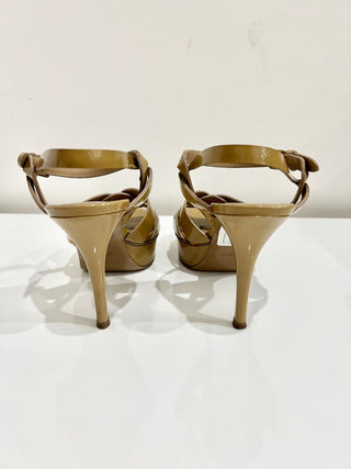 Yves Saint Laurent Tribute Patent Leather Ankle Strap Platform Sandals Nude 36.5