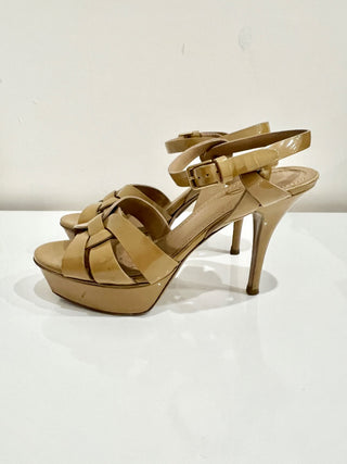 Yves Saint Laurent Tribute Patent Leather Ankle Strap Platform Sandals Nude 36.5