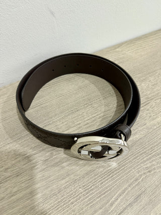 Gucci Interlocking Silver GG Buckle Embossed Leather Hip Belt Brown 80 cm / 32''
