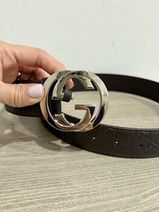 Gucci Interlocking Silver GG Buckle Embossed Leather Hip Belt Brown 80 cm / 32''