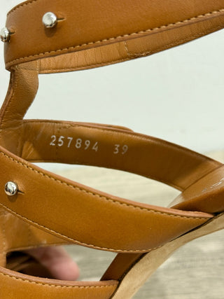 Gucci Leather Sigourney Studded Gladiator Platform Sandals Brown Women's 39/8.5