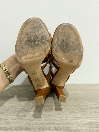 Gucci Leather Sigourney Studded Gladiator Platform Sandals Brown Women's 39/8.5