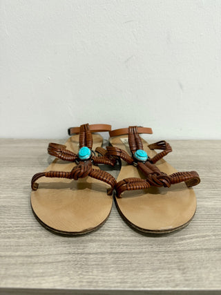Valentino Turquoise Scarab Leather Ankle Strap Flat Sandals Brown Womens 39/US 9