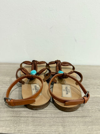 Valentino Turquoise Scarab Leather Ankle Strap Flat Sandals Brown Womens 39/US 9