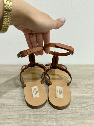 Valentino Turquoise Scarab Leather Ankle Strap Flat Sandals Brown Womens 39/US 9