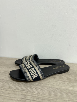 DIOR Dway Embroidered Cotton Flat Slides Sandals Black Women's Size 40 / US 10