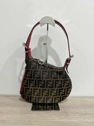 Fendi Semitracolla Media Zucca Oyster Shoulder Hobo Bag with Red Leather Trim