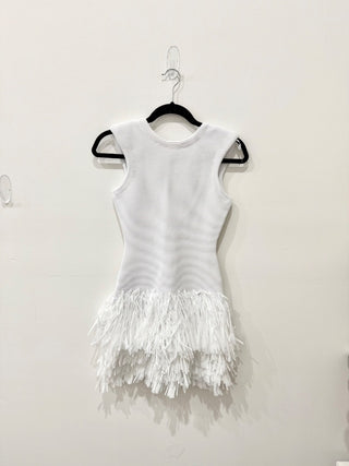 Aje. Rushes Raffia Tierred Fringe Knit Open Back Mini Dress White Womens Size XS