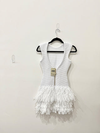 Aje. Rushes Raffia Tierred Fringe Knit Open Back Mini Dress White Womens Size XS