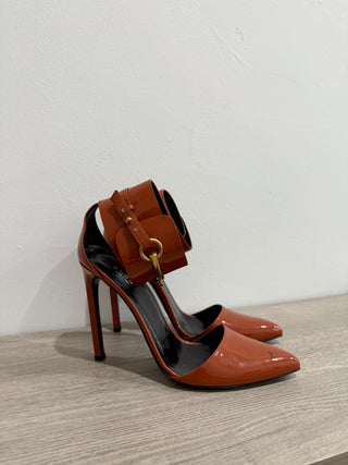 Gucci Ursula Patent Leather Ankle Cuff Stilettos Pumps Dark Orange Women EU 38.5
