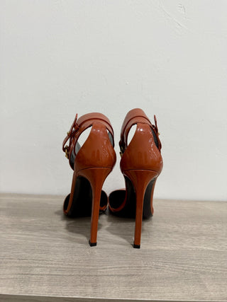 Gucci Ursula Patent Leather Ankle Cuff Stilettos Pumps Dark Orange Women EU 38.5