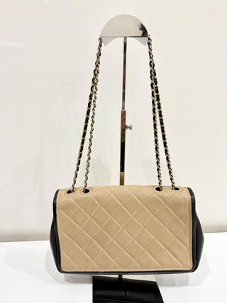 Chanel Quilted Lambskin Leather Flap Shoulder Bag Black/Beige Women's Medium