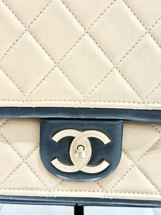 Chanel Quilted Lambskin Leather Flap Shoulder Bag Black/Beige Women's Medium