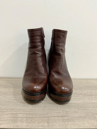 Prada Leather Block Heel Pull On Platform Ankle Booties Brown Women Size EU 38.5