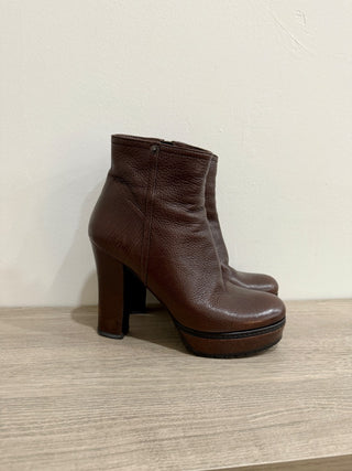Prada Leather Block Heel Pull On Platform Ankle Booties Brown Women Size EU 38.5