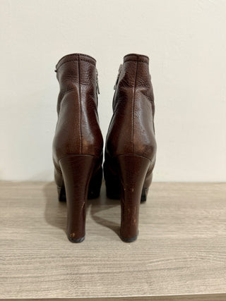 Prada Leather Block Heel Pull On Platform Ankle Booties Brown Women Size EU 38.5