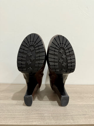 Prada Leather Block Heel Pull On Platform Ankle Booties Brown Women Size EU 38.5