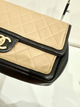 Chanel Quilted Lambskin Leather Flap Shoulder Bag Black/Beige Women's Medium