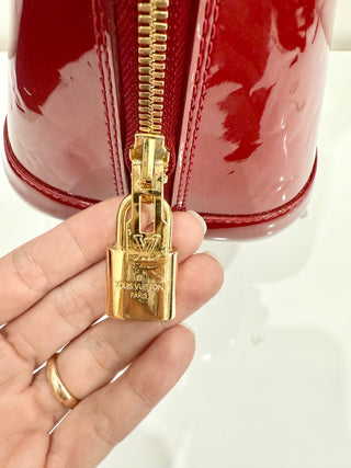 Louis Vuitton Pomme D’amour Monogram Vernis Alma MM Satchel Bag Fiery Red