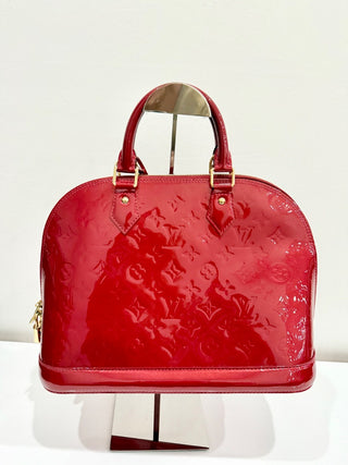 Louis Vuitton Pomme D’amour Monogram Vernis Alma MM Satchel Bag Fiery Red