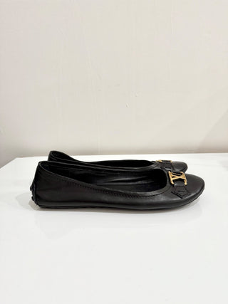 Louis Vuitton Gold Tone LV Leather Ballet Flat Shoes Black Oxford Womens Size 39