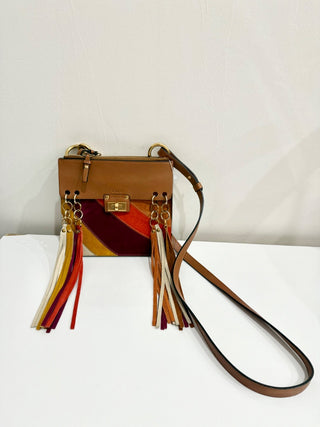 Chloe Jane Caramel Calfskin Suede Fringe Rainbow Patchwork Crossbody Satchel Bag