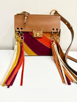 Chloe Jane Caramel Calfskin Suede Fringe Rainbow Patchwork Crossbody Satchel Bag