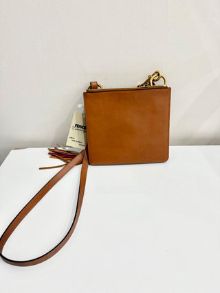 Chloe Jane Caramel Calfskin Suede Fringe Rainbow Patchwork Crossbody Satchel Bag