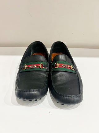 Gucci Leather Slip On Loafer Black with Gold Buckle and Red/Green Stripe Mens 11