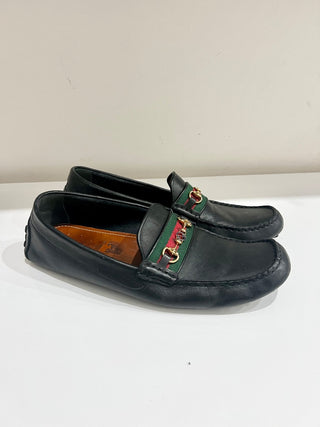 Gucci Leather Slip On Loafer Black with Gold Buckle and Red/Green Stripe Mens 11