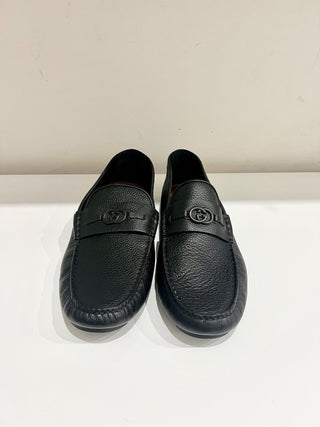 Gucci Interlocking G Logo Slip On Leather Driver Loafer Matte Black Men's Size 10