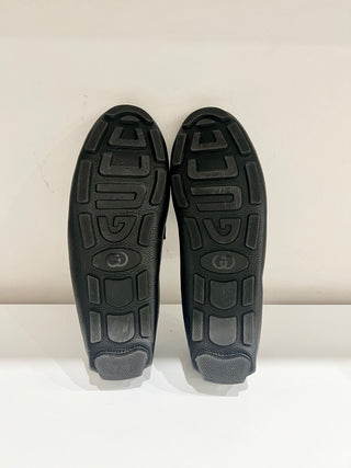 Gucci Interlocking G Logo Slip On Leather Driver Loafer Matte Black Men's Size 10