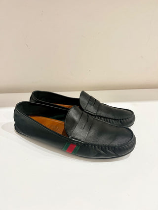 Gucci Black Leather Web Trim Slip On Moccasin Penny Loafers Black Men's Size 11
