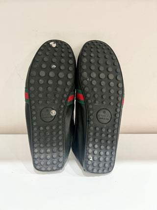Gucci Black Leather Web Trim Slip On Moccasin Penny Loafers Black Men's Size 11