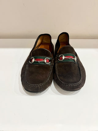 Gucci Suede Web Horsebit Driver Loafers Shoes Cocoa/Green and Red Stripe Mens 11