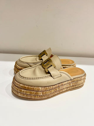 Tods Kate Leather/Raffia Slip On Platform Mules Slippers Natural Women's EU 38