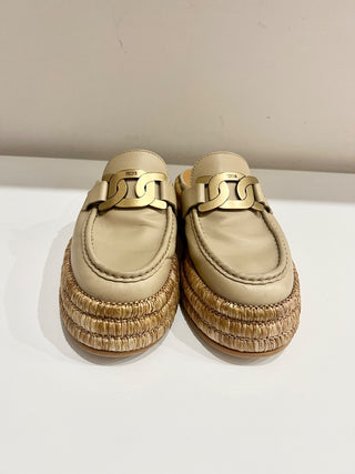 Tods Kate Leather/Raffia Slip On Platform Mules Slippers Natural Women's EU 38